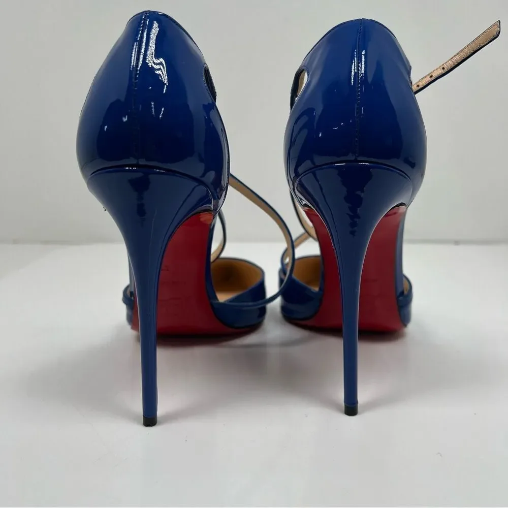 Christian Louboutin Cross Blake 100 Patent Electric Blue Strap Heel Pump Size 10 - Picture 4 of 9